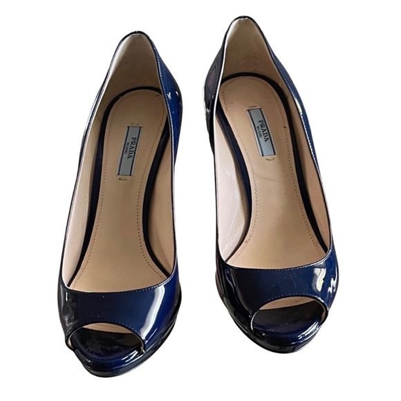 Prada Navy Blue Patent Peep Toe Heels Shoes Sz 40 - Picture 6 of 9